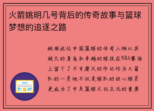 火箭姚明几号背后的传奇故事与篮球梦想的追逐之路